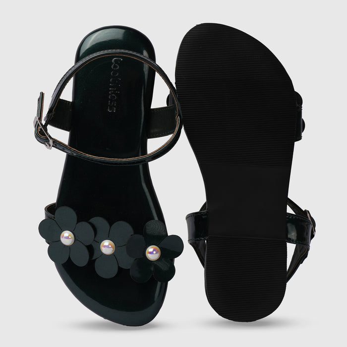 Kids Girls Sandals in Green with Floral Embellishment, Buckle Strap & Cushioned Footbed"