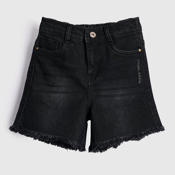 Kids Girls Shorts in Black Denim with Frayed Hem & Elasticated Back Waist for Active Play