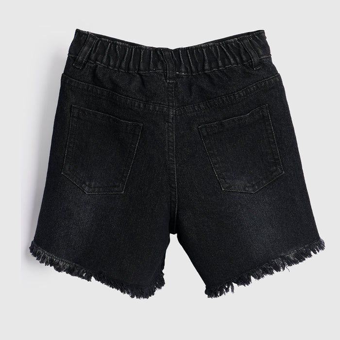 Kids Girls Shorts in Black Denim with Frayed Hem & Elasticated Back Waist for Active Play