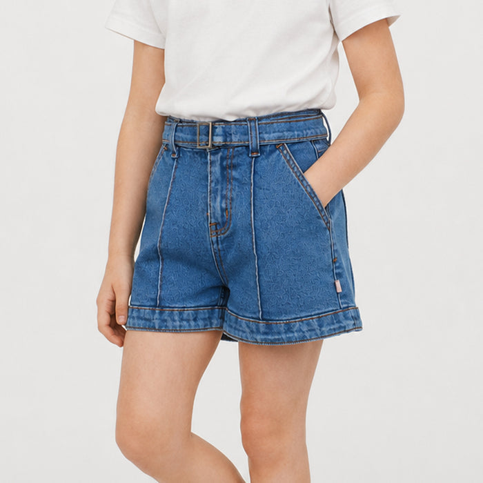 Kids Girls Shorts in Blue Denim with Belt Detail, Functional Pockets & Comfort Relaxed Fit