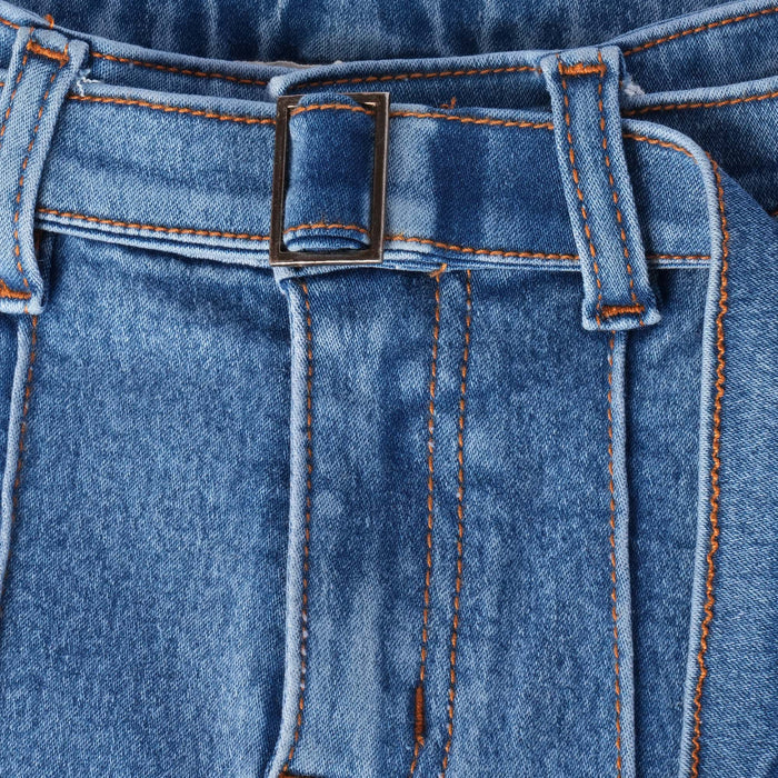 Kids Girls Shorts in Blue Denim with Belt Detail, Functional Pockets & Comfort Relaxed Fit