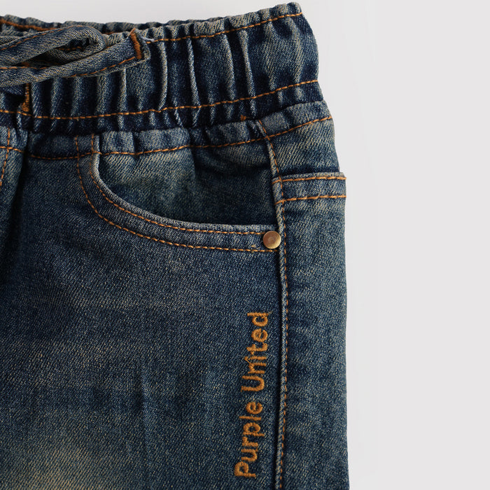 Kids Girls Shorts in Blue with Elastic Waist, Drawstring Detail & Denim Wash Finish