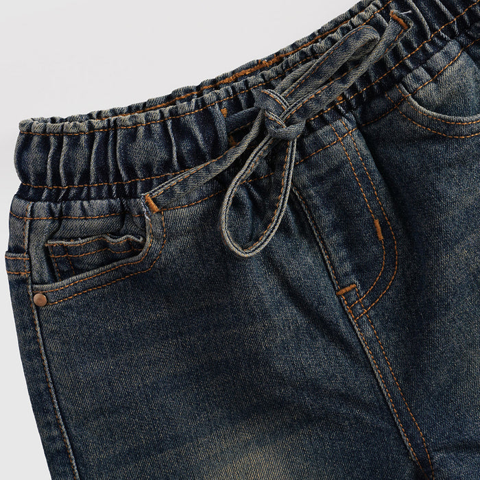 Kids Girls Shorts in Blue with Elastic Waist, Drawstring Detail & Denim Wash Finish