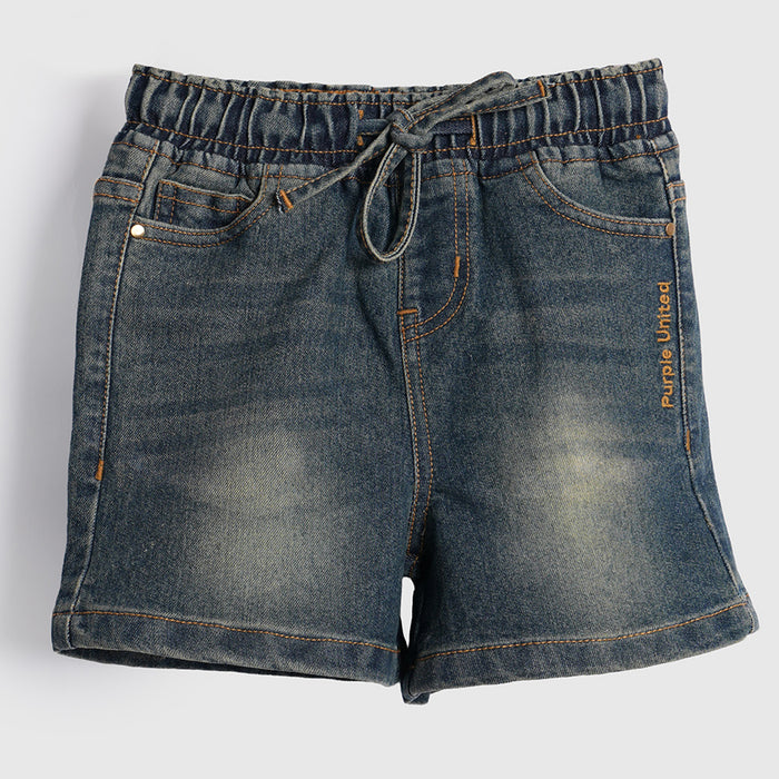 Kids Girls Shorts in Blue with Elastic Waist, Drawstring Detail & Denim Wash Finish