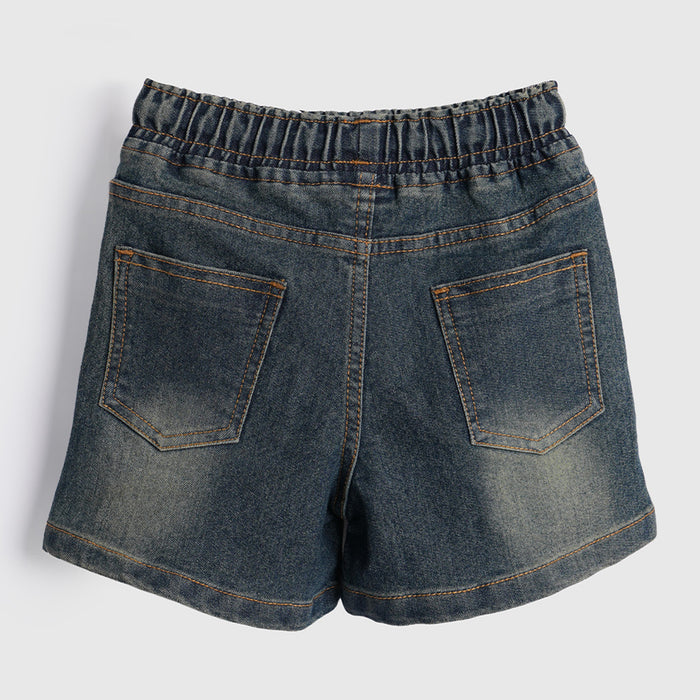 Kids Girls Shorts in Blue with Elastic Waist, Drawstring Detail & Denim Wash Finish