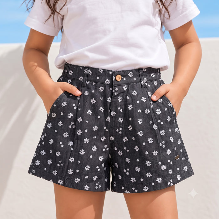Kids Girls Shorts in Dark Blue with Floral Design, Pleated Front & Elasticated Waist
