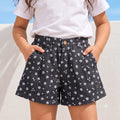 Kids Girls Shorts in Dark Blue with Floral Design, Pleated Front & Elasticated Waist