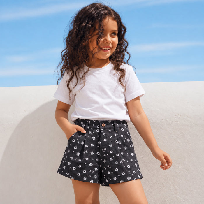Kids Girls Shorts in Dark Blue with Floral Design, Pleated Front & Elasticated Waist