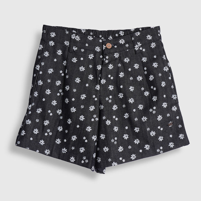Kids Girls Shorts in Dark Blue with Floral Design, Pleated Front & Elasticated Waist