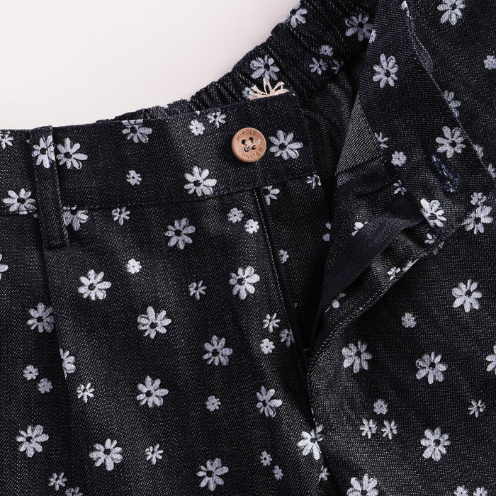 Kids Girls Shorts in Dark Blue with Floral Design, Pleated Front & Elasticated Waist