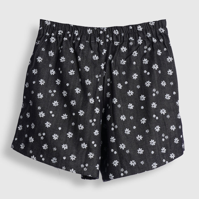 Kids Girls Shorts in Dark Blue with Floral Design, Pleated Front & Elasticated Waist