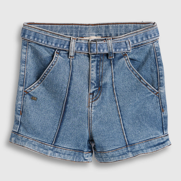 Kids Girls Shorts in Mid Blue Denim with Belt Detail, Functional Pockets & Comfort Relaxed Fit
