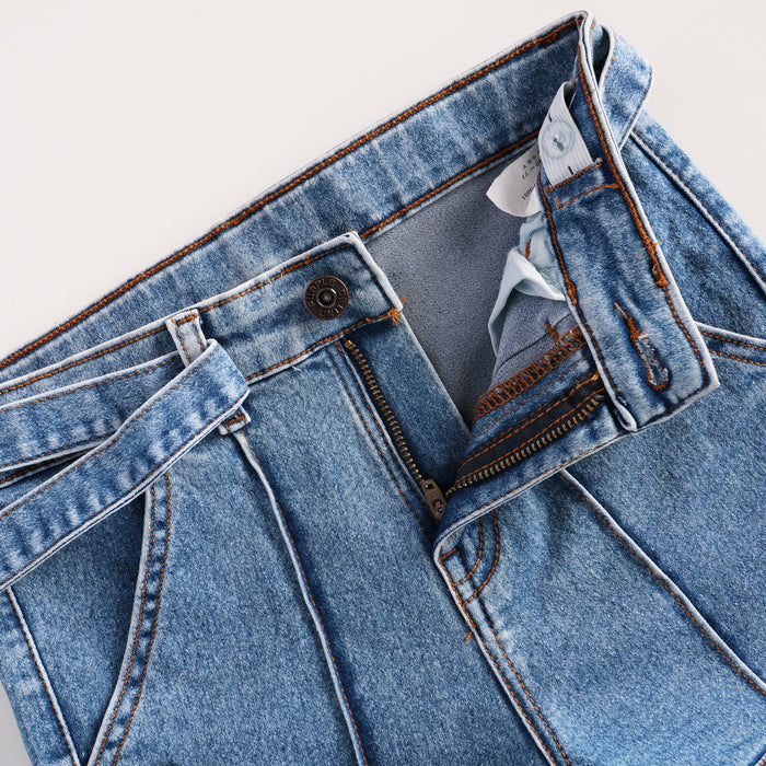 Kids Girls Shorts in Mid Blue Denim with Belt Detail, Functional Pockets & Comfort Relaxed Fit