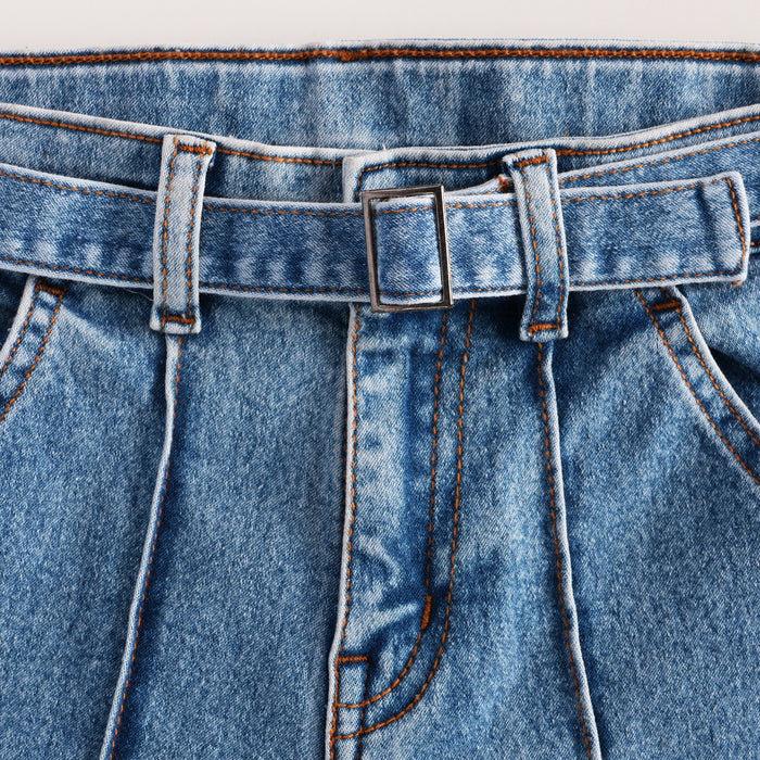 Kids Girls Shorts in Mid Blue Denim with Belt Detail, Functional Pockets & Comfort Relaxed Fit
