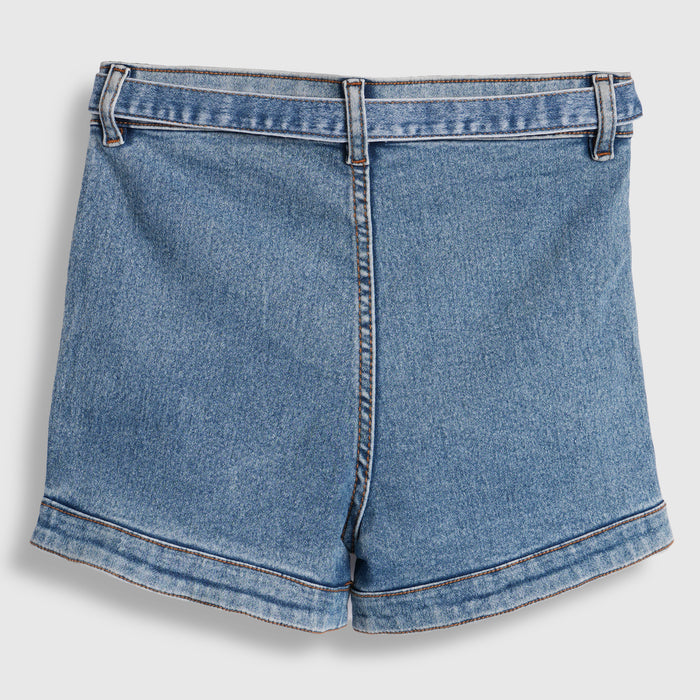 Kids Girls Shorts in Mid Blue Denim with Belt Detail, Functional Pockets & Comfort Relaxed Fit