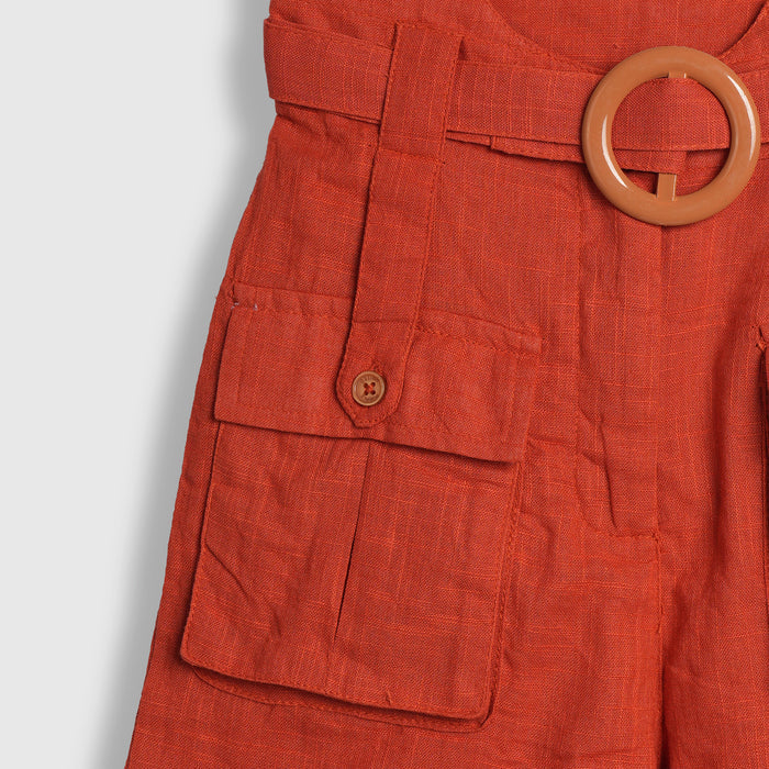 Kids Girls Shorts in Rust with Belted Waist & Utility Pockets, Cotton Comfort for Daily Wear