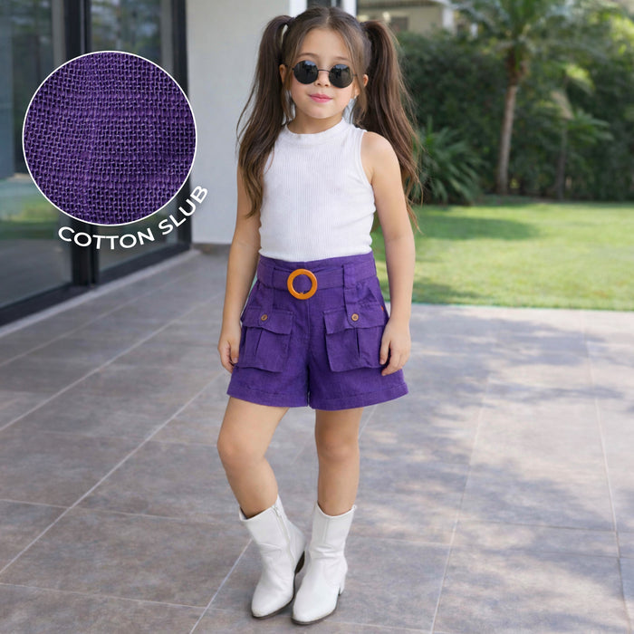 Kids Girls Shorts with Utility Pockets, Belted Waist & Relaxed Fit for All Day Comfort Wear