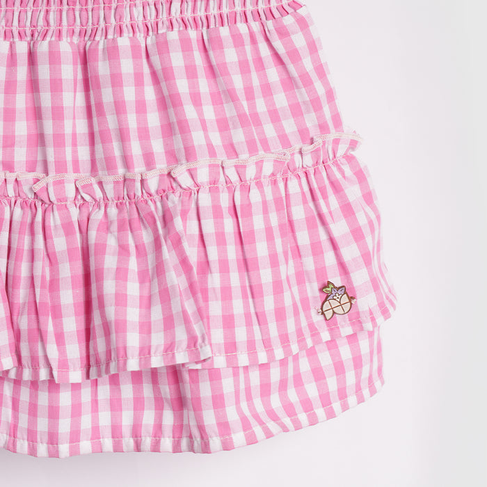 Kids Girls Skirt in Pink with Checked Tiered Ruffle & Cotton Comfort Elastic Waist for Casual Wear