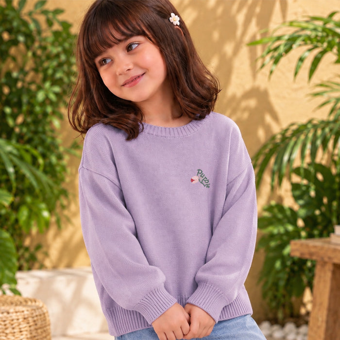 Kids Girls Sweater in Lavender with Soft Knit Texture, Crew Neck & Ribbed Details