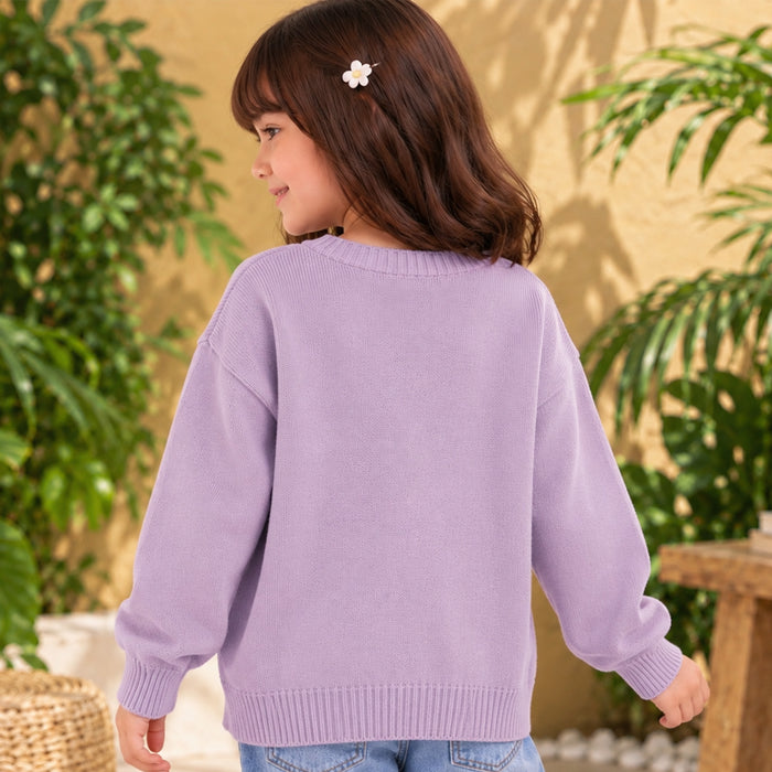 Kids Girls Sweater in Lavender with Soft Knit Texture, Crew Neck & Ribbed Details