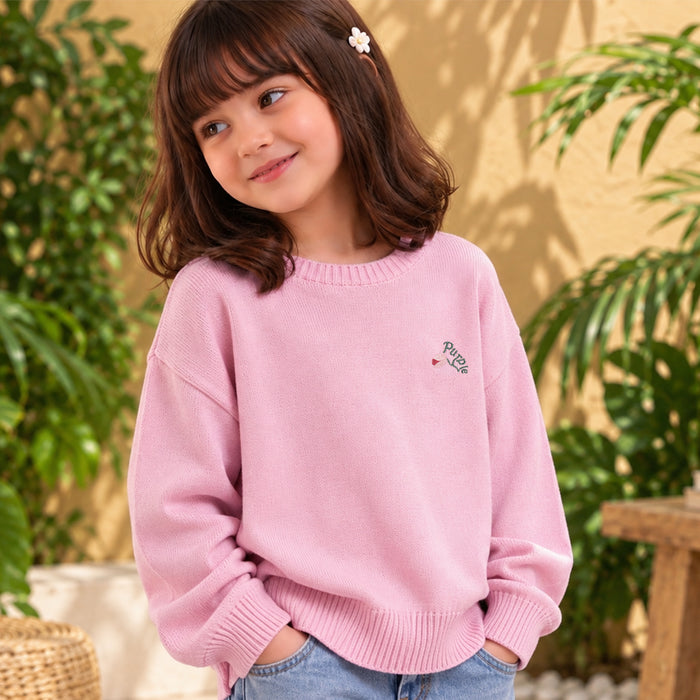Kids Girls Sweater in Pink with Soft Knit Texture, Crew Neck & Ribbed Details