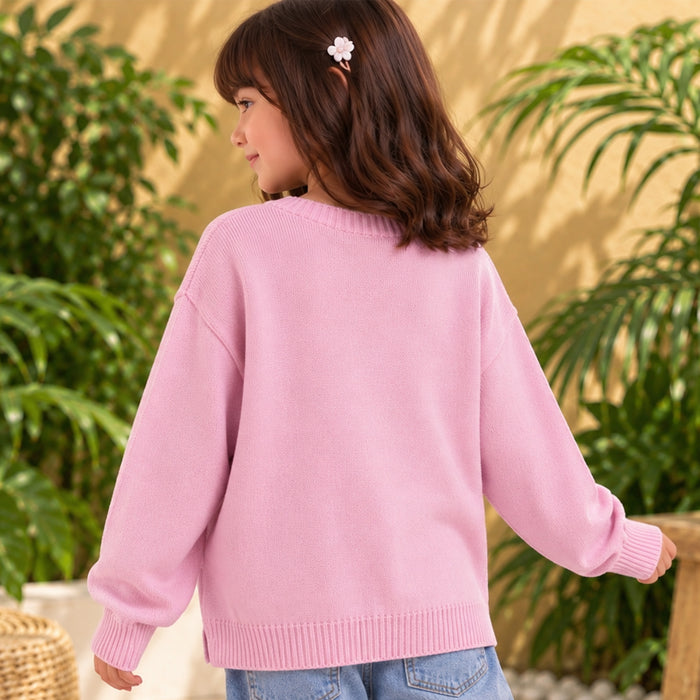 Kids Girls Sweater in Pink with Soft Knit Texture, Crew Neck & Ribbed Details