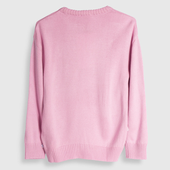 Kids Girls Sweater in Pink with Soft Knit Texture, Crew Neck & Ribbed Details