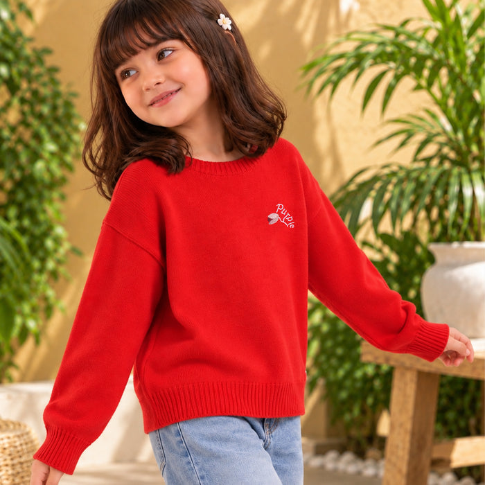 Kids Girls Sweater in Red with Soft Knit Texture, Crew Neck & Ribbed Details