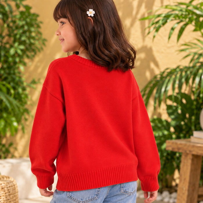 Kids Girls Sweater in Red with Soft Knit Texture, Crew Neck & Ribbed Details