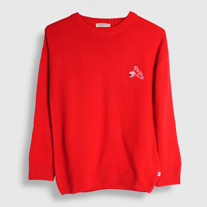 Kids Girls Sweater in Red with Soft Knit Texture, Crew Neck & Ribbed Details