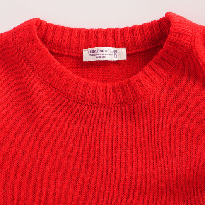 Kids Girls Sweater in Red with Soft Knit Texture, Crew Neck & Ribbed Details