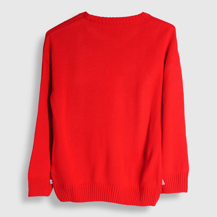 Kids Girls Sweater in Red with Soft Knit Texture, Crew Neck & Ribbed Details