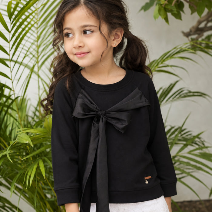 Kids Girls Sweatshirt in Black with Bow Detail, Crew Neck, Full Sleeves & Ribbed Hem