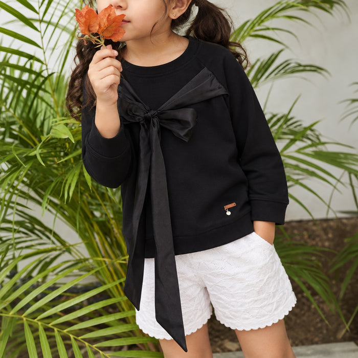 Kids Girls Sweatshirt in Black with Bow Detail, Crew Neck, Full Sleeves & Ribbed Hem