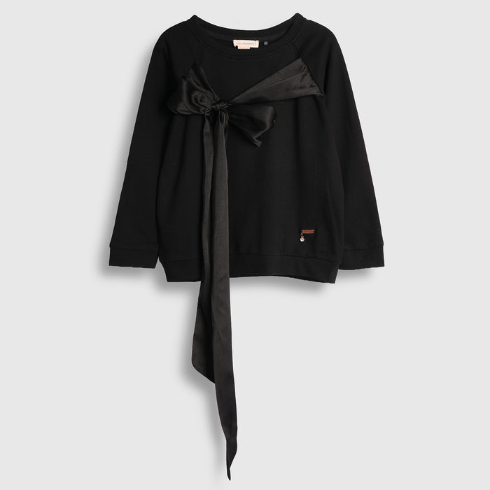 Kids Girls Sweatshirt in Black with Bow Detail, Crew Neck, Full Sleeves & Ribbed Hem