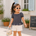 Kids Girls Top in Grey with Smocked Fit and Puff Sleeves for Summer Casual Styling