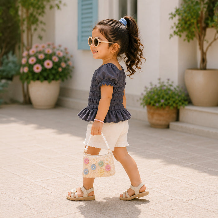 Kids Girls Top in Grey with Smocked Fit and Puff Sleeves for Summer Casual Styling