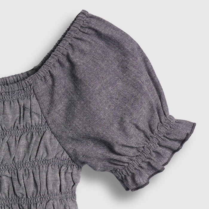 Kids Girls Top in Grey with Smocked Fit and Puff Sleeves for Summer Casual Styling