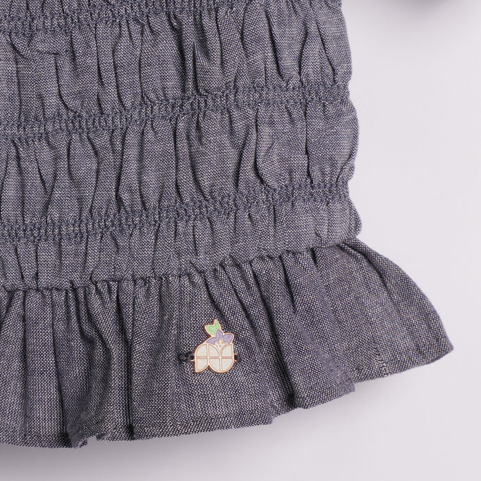 Kids Girls Top in Grey with Smocked Fit and Puff Sleeves for Summer Casual Styling
