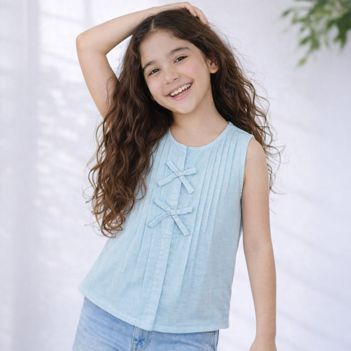 Kids Girls Top in Light Blue Cotton Fabric with Pleated Front for Everyday Summer Styling