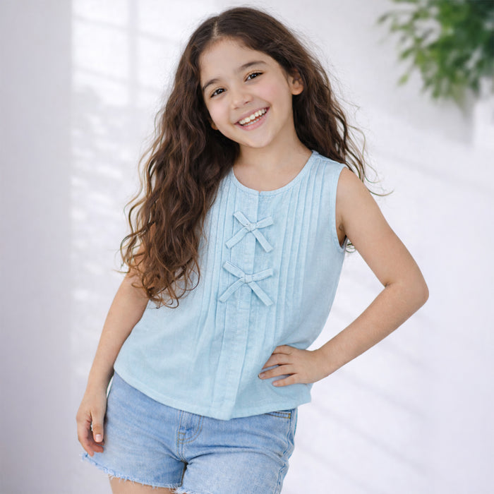 Kids Girls Top in Light Blue Cotton Fabric with Pleated Front for Everyday Summer Styling