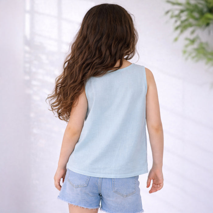 Kids Girls Top in Light Blue Cotton Fabric with Pleated Front for Everyday Summer Styling