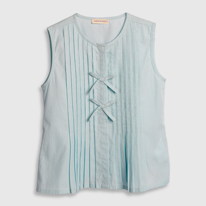 Kids Girls Top in Light Blue Cotton Fabric with Pleated Front for Everyday Summer Styling