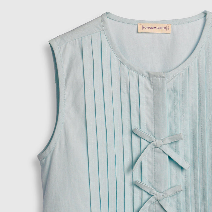 Kids Girls Top in Light Blue Cotton Fabric with Pleated Front for Everyday Summer Styling