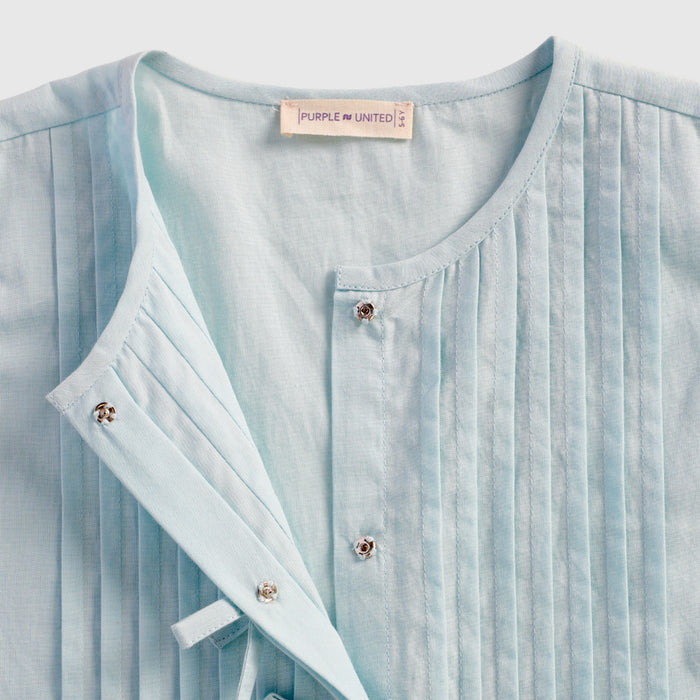 Kids Girls Top in Light Blue Cotton Fabric with Pleated Front for Everyday Summer Styling