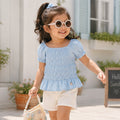 Kids Girls Top in Light Blue with Smocked Fit and Puff Sleeves for Summer Casual Styling