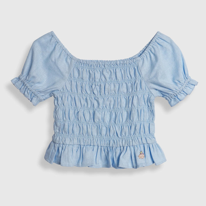 Kids Girls Top in Light Blue with Smocked Fit and Puff Sleeves for Summer Casual Styling