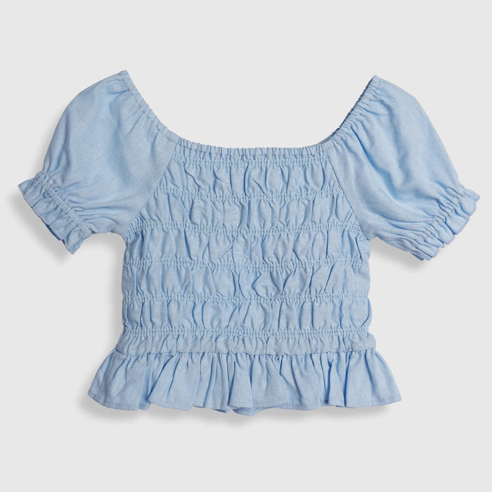 Kids Girls Top in Light Blue with Smocked Fit and Puff Sleeves for Summer Casual Styling