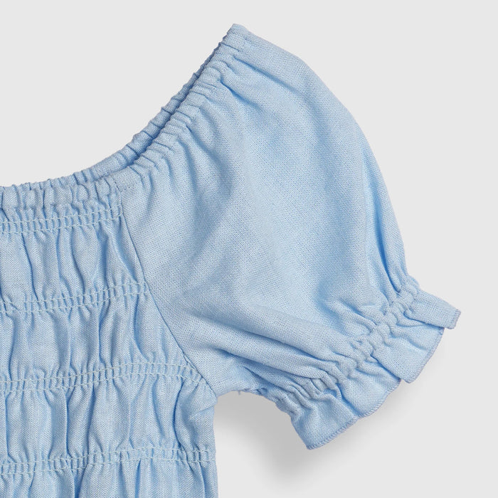 Kids Girls Top in Light Blue with Smocked Fit and Puff Sleeves for Summer Casual Styling