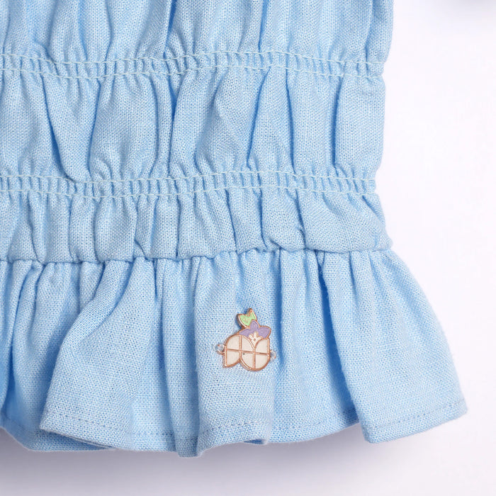 Kids Girls Top in Light Blue with Smocked Fit and Puff Sleeves for Summer Casual Styling